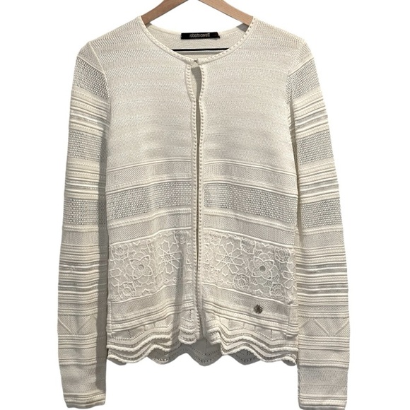 Roberto Cavalli White Embroidered Cardigan, Size 42, US M, Scalloped Bottom - Picture 1 of 15
